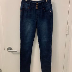 High waisted blue jeans with copper buttons. Size 27. Lightly used. Flattering!